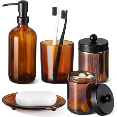 Bathroom Accessories Set, 5 Pack Amber Glass Bath Accessory Sets Complete, Brown Soap Dispenser And Toothbrush Holder Bathroom Counter Sink Set With L | Wayfair North America
