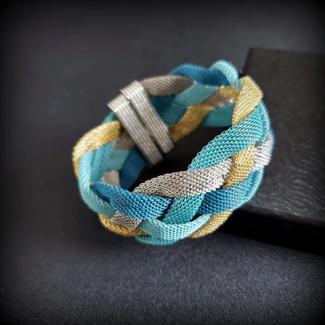 Vintage Metal Mesh Bracelet, Blue Gold Silver Three Tone Wide Bracelet Twist Chunky Bracelet, Mag... | Etsy (US)