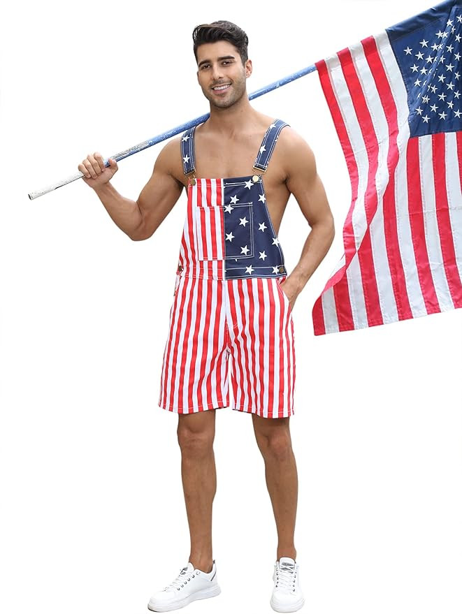 Mens Rompers American Flag Jumpsuits 4th of July Jean Overalls with Zipper Fly Bro Outfits | Amazon (US)