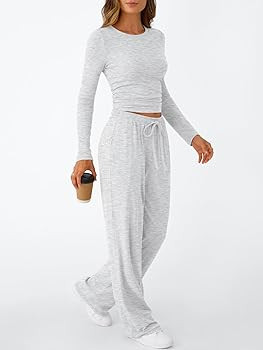 Trendy Queen Women's 2 Piece Matching Lounge Set Long Sleeve Side Ruching Top Wide Leg Drawstring... | Amazon (US)