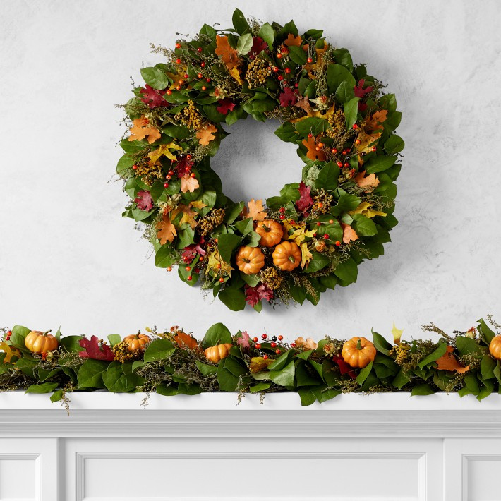 Fall Pumpkin Live Wreath & Garland | Williams-Sonoma