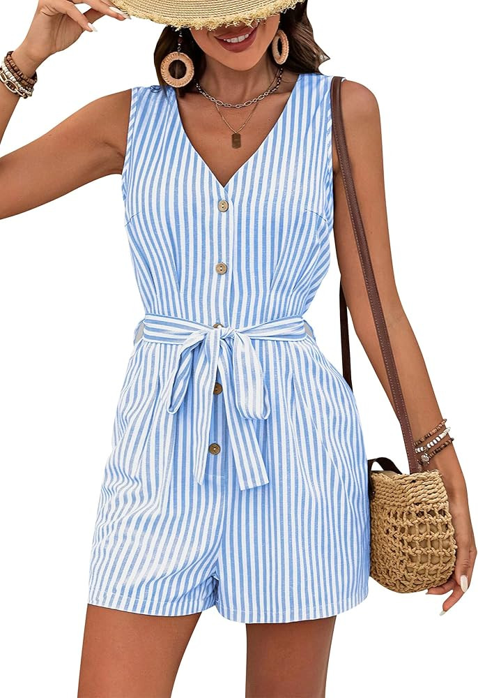 GUOLEZEEV Womens Summer Romper V Neck Button Up Linen Rompers Striped Sleeveless Short Jumpsuits ... | Amazon (US)