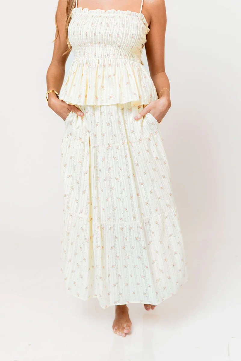 Gracie 100% Cotton Tiered Floral Midi Skirt in Butter Yellow | Worth Collective