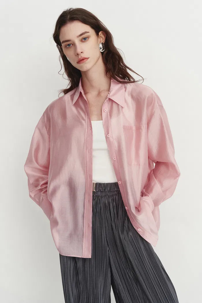 Bella Pink Sheer Button-Up Shirt in Organza | Fabrique