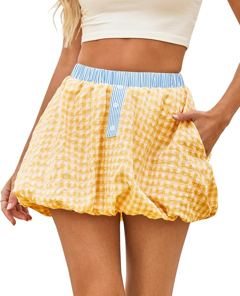 Wenrine Womens Gingham Bubble Mini Skirts Striped Elastic Waist Cute Y2K Skorts Plaid Summer Beac... | Amazon (US)