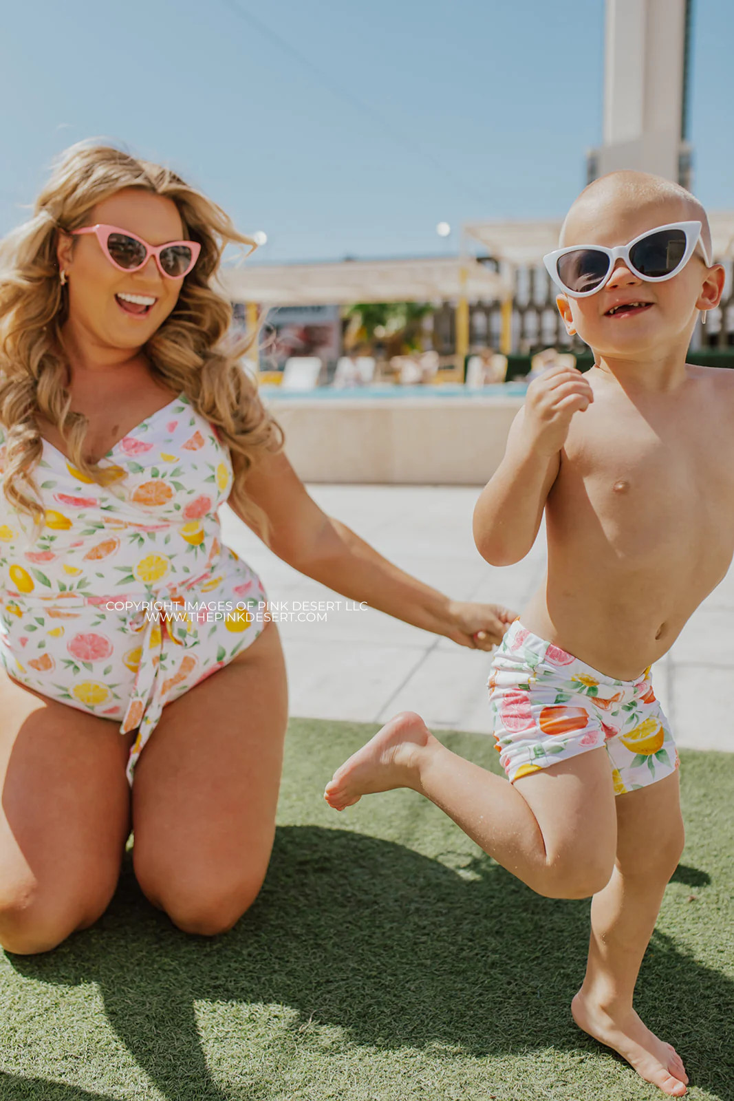 BOYS EUROPEAN CUT SWIM SHORT IN CITRUS PRINT BY SASSY RED LIPSTICK X PINK DESERT | Pink Desert