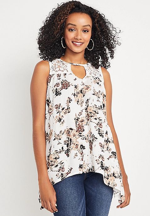 White Floral Cut Out Neck Tank Top | Maurices