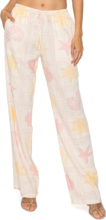 Cali1850 Women's Printed Linen Pants - 30" Inseam Drawstring Elastic Waist Casual Pull On Beach L... | Amazon (US)