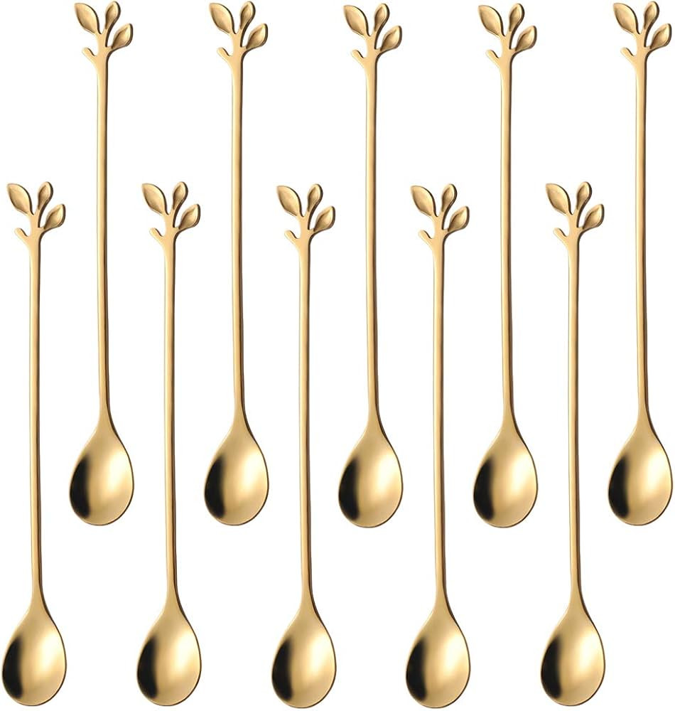 AnSaw 10-Piece 7.4" Long Handle Teaspoons - Gold Leaf Design for Coffee & Tea Stirring Spoons, El... | Amazon (US)