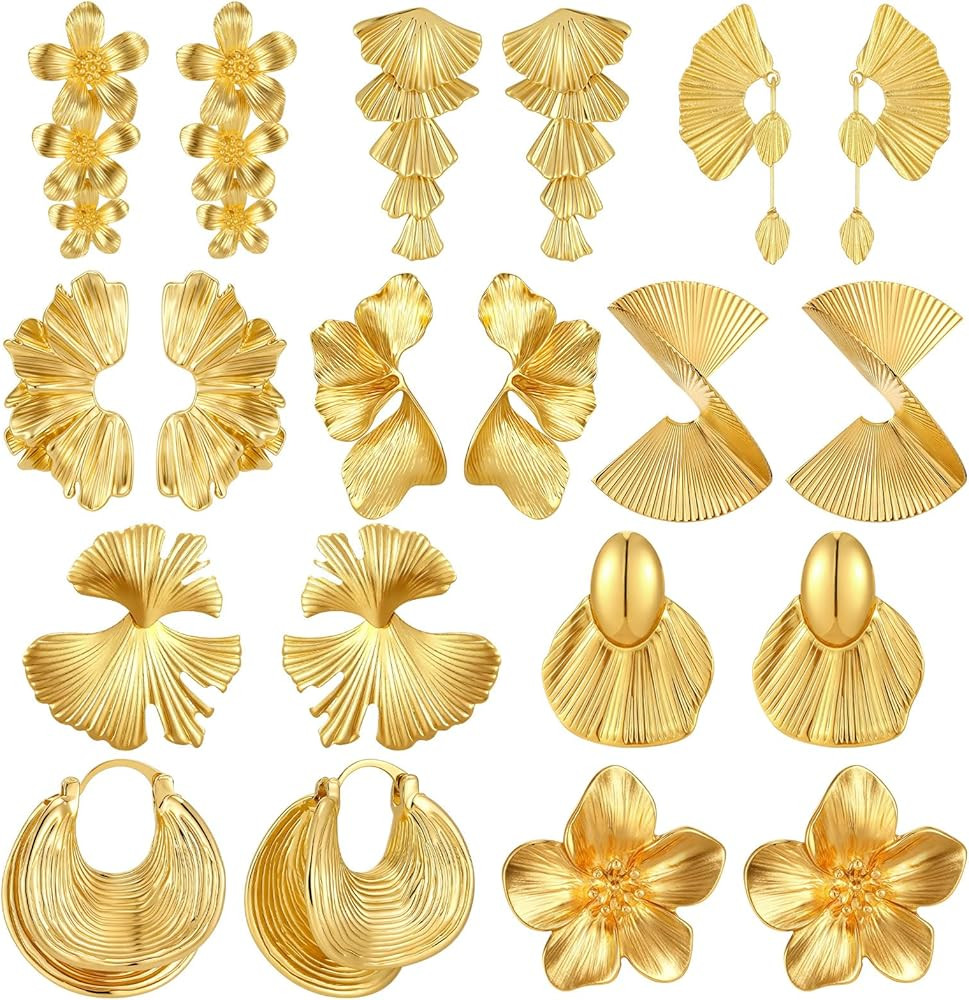 10 Pairs Chunky Gold Earrings Set Large Gold Geometric Earring for Women Flower Statement Earring... | Amazon (US)