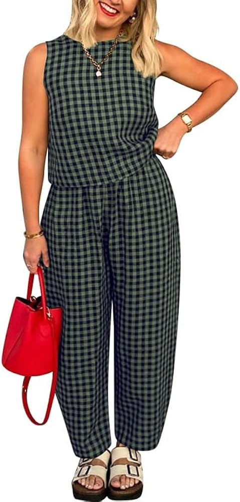 Women 2 Piece Summer Outfits Plaid Sleeveless Lounge Wear Sets Crop Tanks and Long Pant Sets with... | Amazon (US)