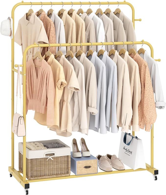 Laiensia Double Rods Garment Rack with Wheels, Clothing Rack for Hanging Clothes,4 Hooks, Multi-F... | Amazon (US)