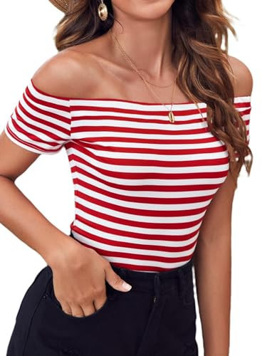 LilyCoco Off The Shoulder Tops for Women Striped Short Sleeve Sexy Going Out Top Red Large | Amazon (US)