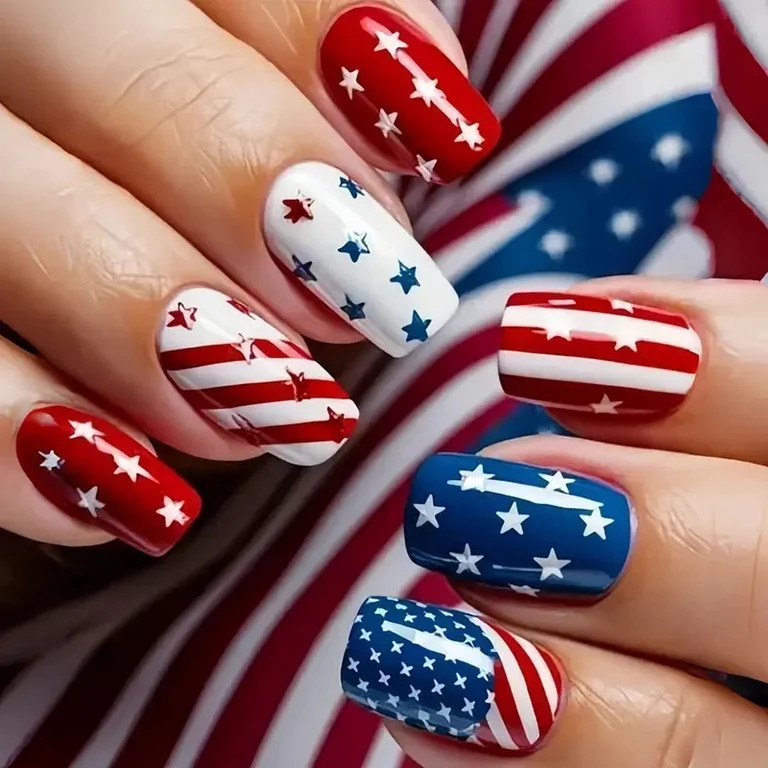 4th of July Press on Nails Short Square Fake Nails Independence Day False Nails Press ons with Am... | Walmart (US)