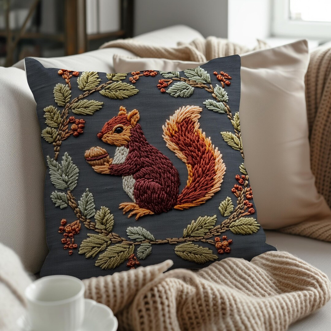 Woodland Squirrel Pillow With Embroidered Effect Leaf Wreath, Fall Forest Decor Accent, Autumn Th... | Etsy (US)