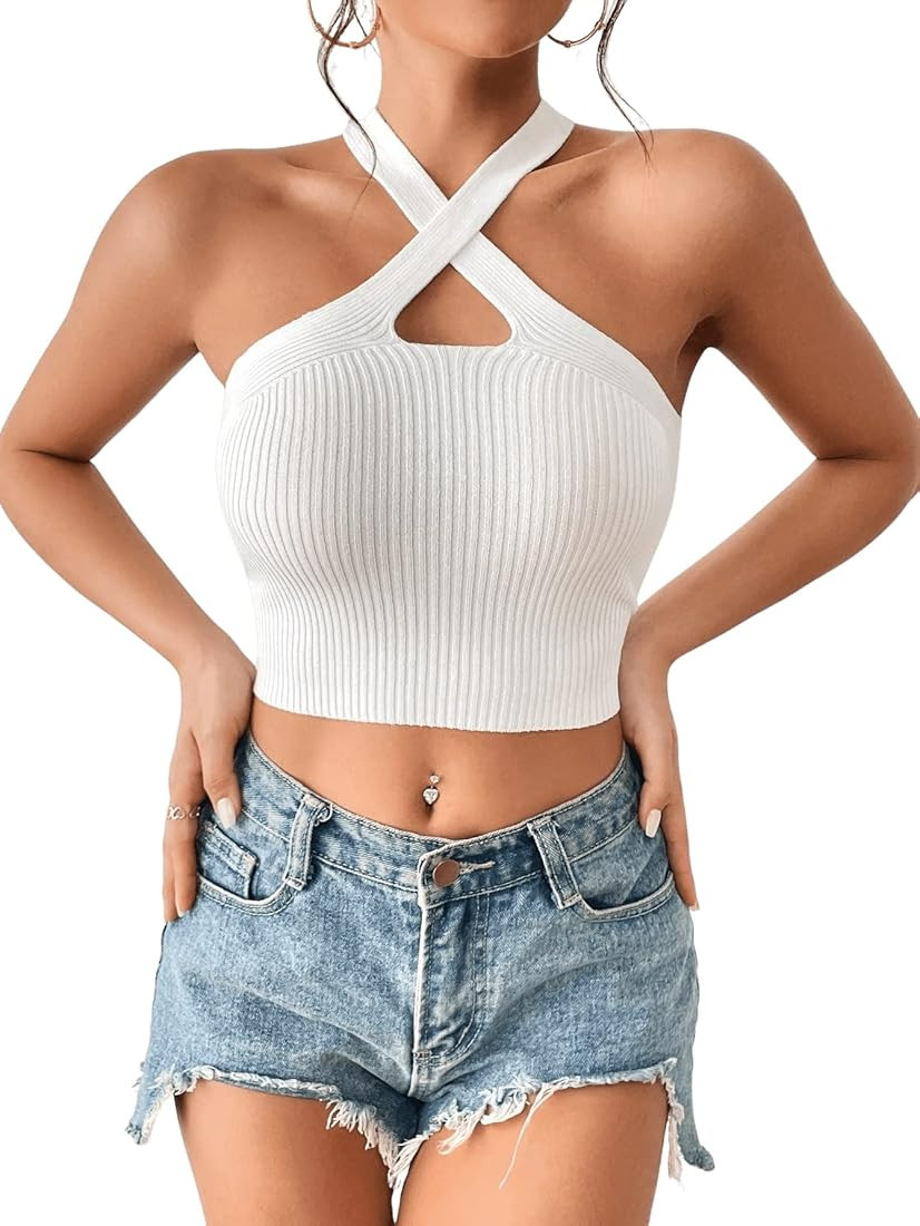 SweatyRocks Women's Casual Criss Cross Halter Crop Top Ribbed Knit Fitting Tank Top | Amazon (US)