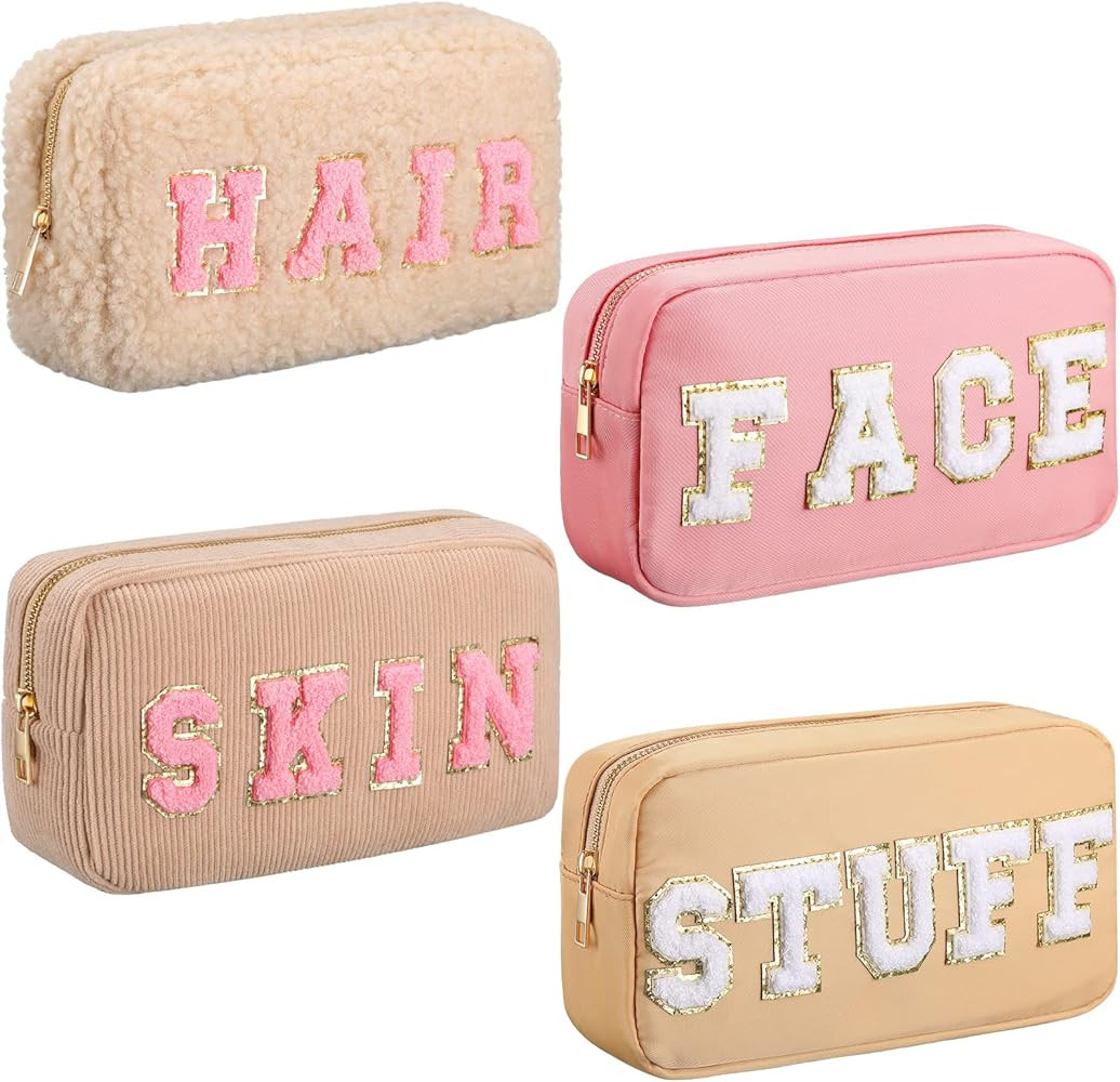 Kajaia 4 Pcs Nylon Preppy Makeup Pouch Letter Cosmetic Toiletry Bag Chenille Cute Makeup Bags for... | Amazon (US)