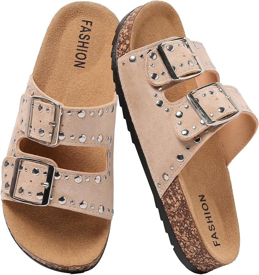 Women’s Cork Footbed Sandals Men’s Adjustable Buckle Flat Mules Slide Sandals, Fashion Studde... | Amazon (US)