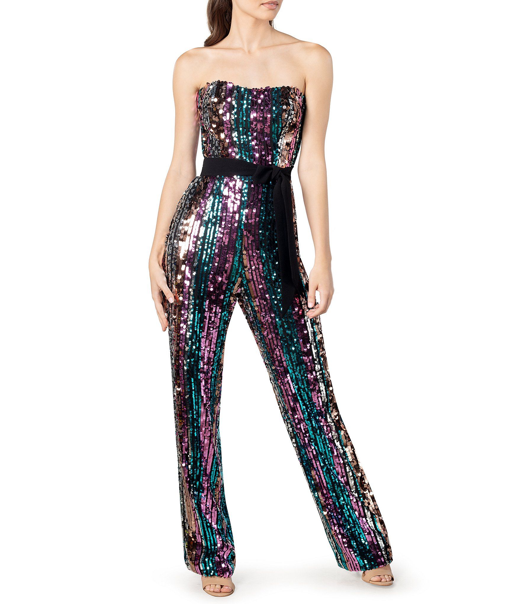 Dress the Population Andy Multi Sequin Strapless Belted Waist Wide Leg Jumpsuit | Dillard's | Dillard's