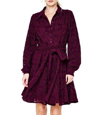 CIEBON Serane Eyelet Embroidered Lace Collared Long Sleeve Belted Mini Shirt Dress -  L | Dillard's