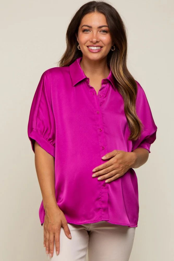 Magenta Satin Button Up Maternity Top | PinkBlush Maternity
