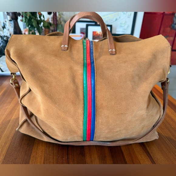Clare V tan Suede Tote with Colorful Stripe | Poshmark