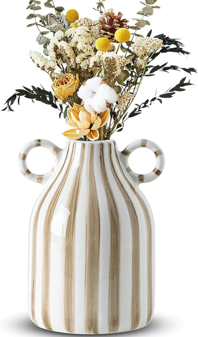 White and Brown Ceramic Vase, Mid Century Modern Striped Small Vases for Flower&Pampas Grass Cent... | Amazon (US)