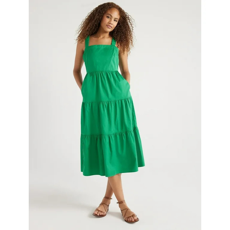 Free Assembly Women’s Cotton Tiered Midi Dress with Pockets, Sizes XS-XXL | Walmart (US)