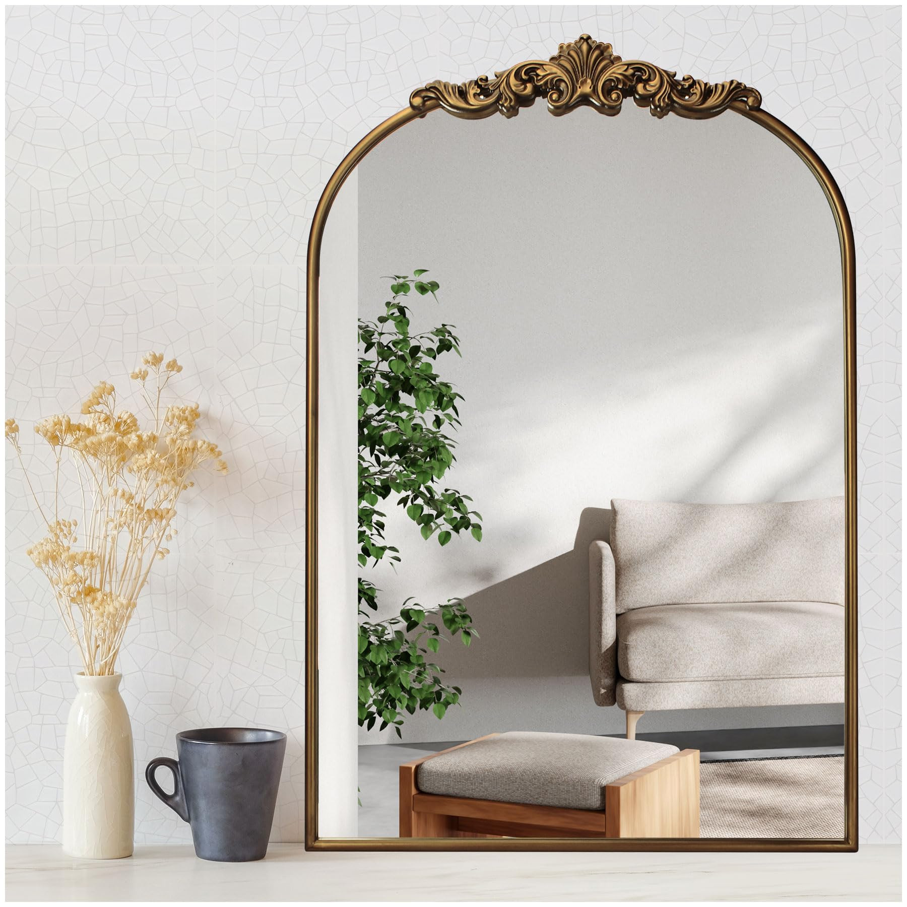 Wemily Ornate Baroque Vintage Gold Mirror - 24"X36" Arched Antique Brass Mirror with Full Metal F... | Amazon (US)