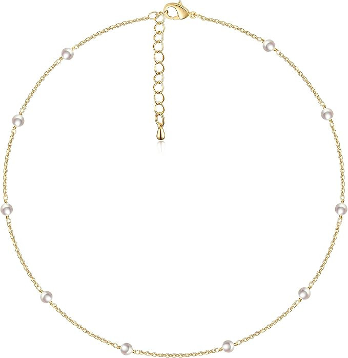 Cowlyn Pearl Choker Dainty Adjustable Necklace 18K Gold Plated Cultured Barque Pearl Tiny Chain D... | Amazon (US)
