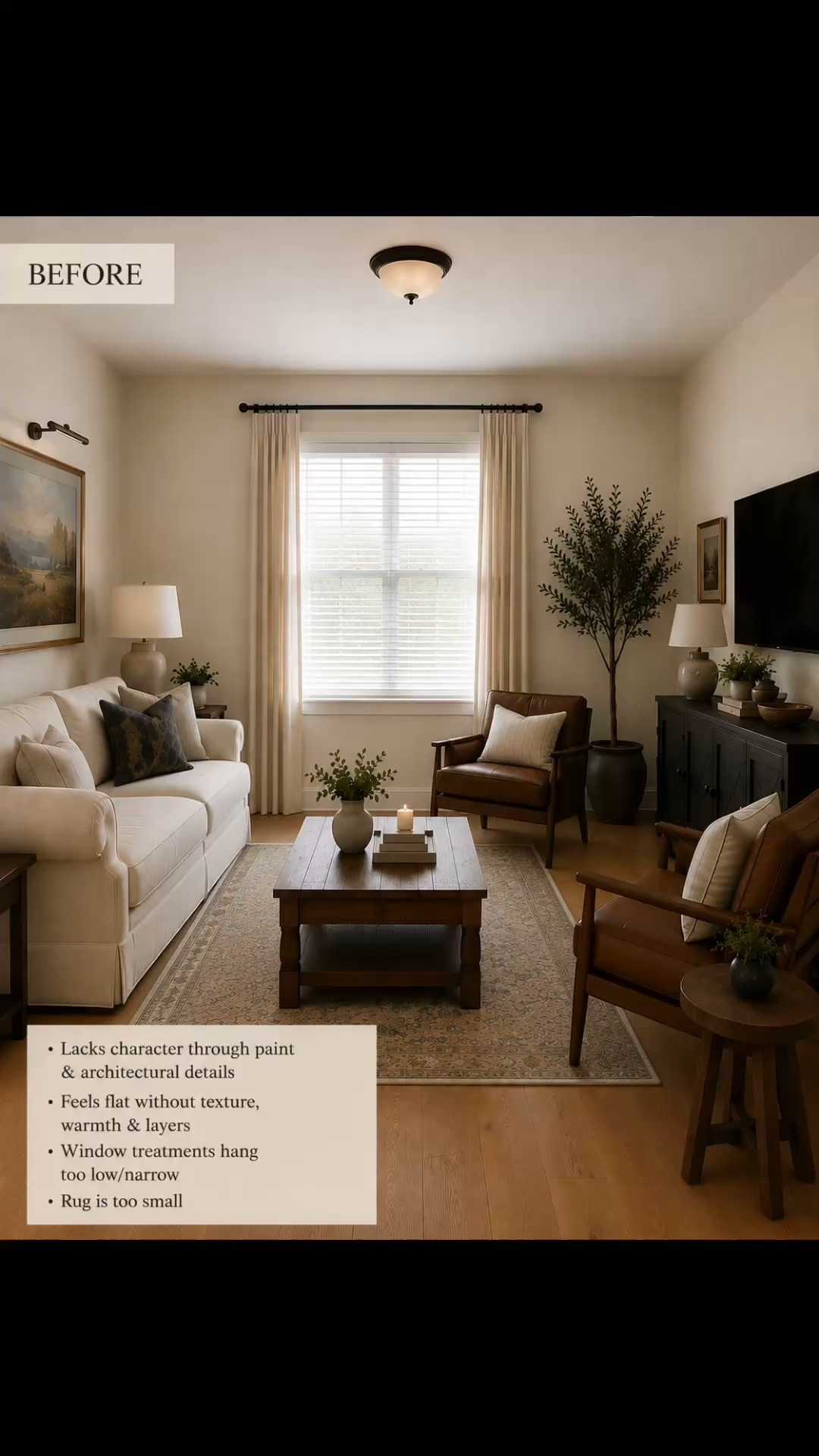 This room had all the basics. A sofa, chairs, a rug, window treatments, lighting, art and decor were already there. But even with all of those pieces, it still felt a little unfinished.

What it was missing was character.

And character usually isn’t one thing you can point to. It’s the way the architectural details, scale, textures, patterns and collected pieces all work together to make a room feel like someone actually thought about it.

Here, adding simple vertical trim and carrying it around the room gave those plain walls something to contribute to the design. 

A larger rug gave the seating area better scale, while hanging the curtains higher and wider and adding a woven shade made the window feel more substantial and brought in another natural texture.

Then I could build on that foundation with the details—the patterned pillows, throw, greenery, pottery and collected pieces that give the room warmth and personality.

I think that’s an important distinction when you have a room that technically has everything it “needs,” but still doesn’t feel finished. Before buying another random piece to fill an empty spot, look at what the room might be missing as a whole. 

Sometimes it needs more architectural interest. Sometimes the scale is off. Sometimes everything is so similar that it needs contrast, pattern or texture.
And sometimes it’s a combination of all of those things.

I linked similar pieces from this room below if you want to bring some of these same layers into your own space.

#LTKHome