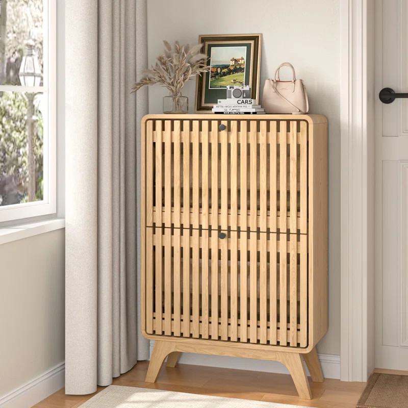 12 Pair Shoe Storage Cabinet With 2 Flip Drawers, Freestanding Narrow Shoe Cabinet With Fence Pan... | Wayfair North America