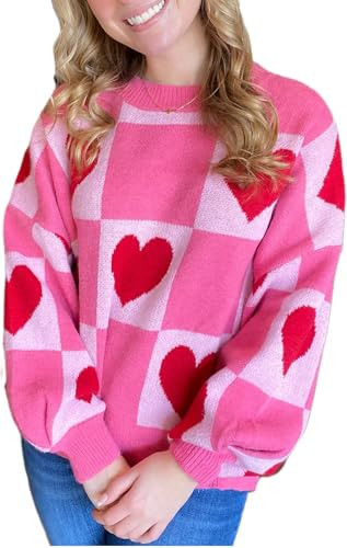 Yiulangde Women Cute Heart Print Sweater Buffalo Checkered Heart Love Valentine's Day Sweatshirt Casual Long Sleeve Shirts Top Sweaters | Amazon (US)