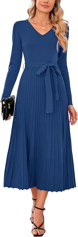 Arach&Cloz Women's Wool Blend Tie Waist Pleated Fall Sweater Dress 2025 | Amazon (US)