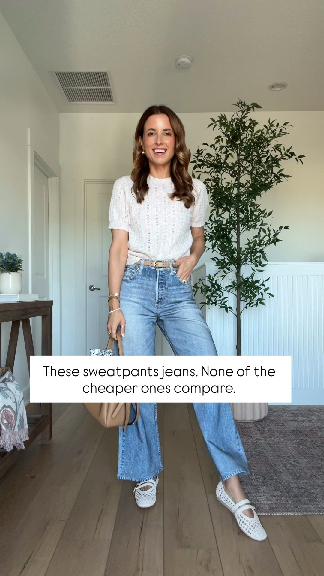 Things I would buy tomorrow if I lost them today! These are some of my tried and true favorites! The best sweatpants jeans in 23 (size down!! They run a little big!). Target sweater top. Dolce Vita woven flats are TTS. Tory Burch romy bucket bag. Spring outfit. Elevated casual outfit. Mom outfit. 

#LTKootd #LTKmomlife #LTKPetite