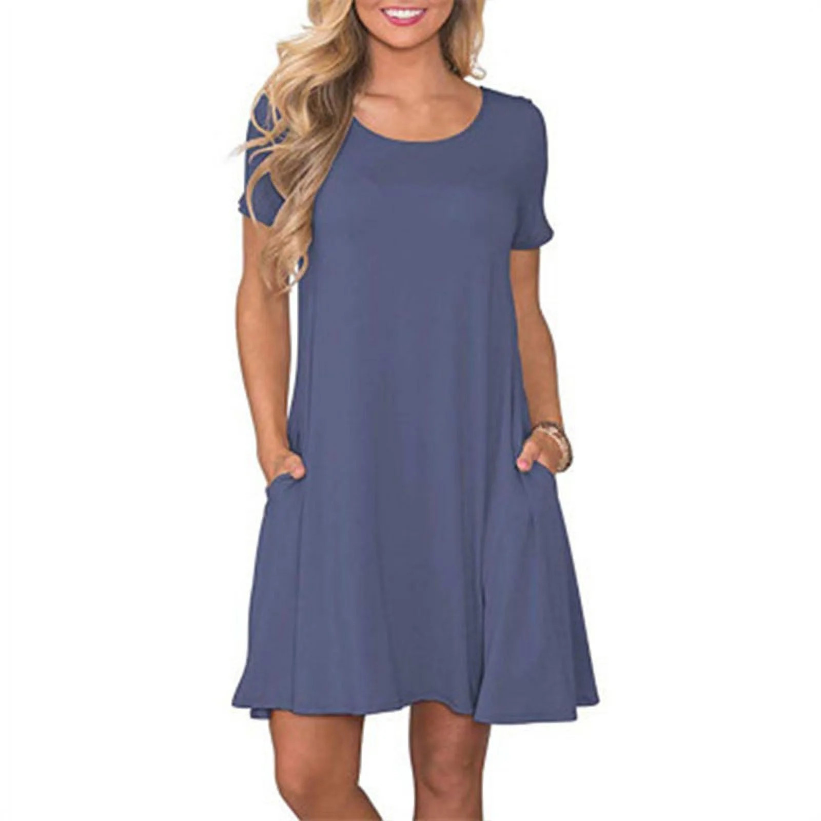 2019 Spring New Round Neck Short-sleeved Pocket Dress - Walmart.com | Walmart (US)