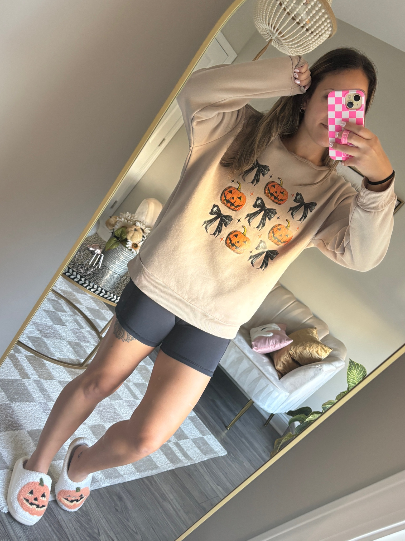 The cutest fall sweatshirt. Wearing a size M. 

Halloween sweatshirt, fall crew neck, pumpkins, bows, bike shorts, Halloween slippers, comfy mom outfit, mom ootd, busy mom style 

#LTKHoliday #LTKFindsUnder50 #LTKHalloween