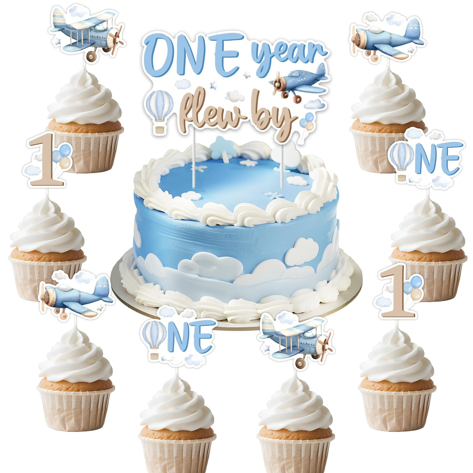Kreatwow Airplane 1st Birthday Party Decoration One Year Flew By Cake Topper Airplane 1st Birthda... | Amazon (US)