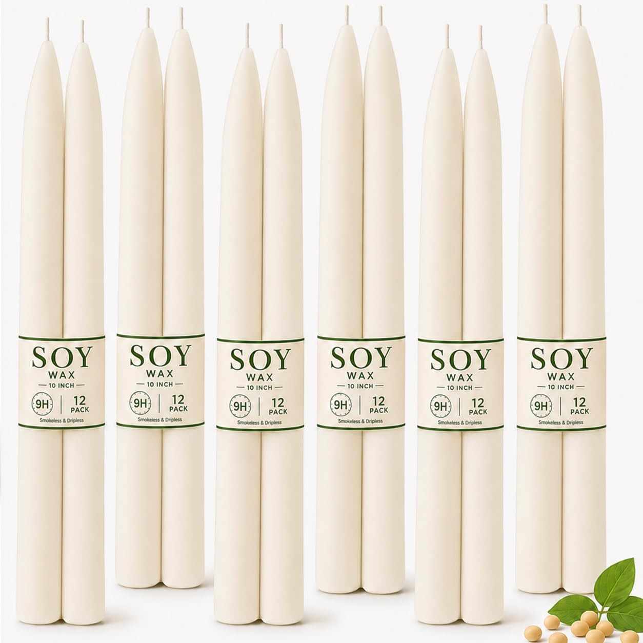Soy Wax Taper Candles, 10 Inch White Unscented Taper Candles, 12 Pack | Amazon (US)