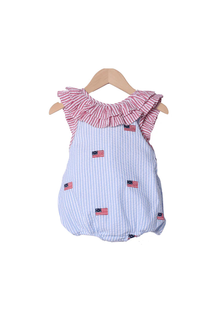 Embroidered Flag Seersucker Ruffle Bubble | The Smocked Flamingo