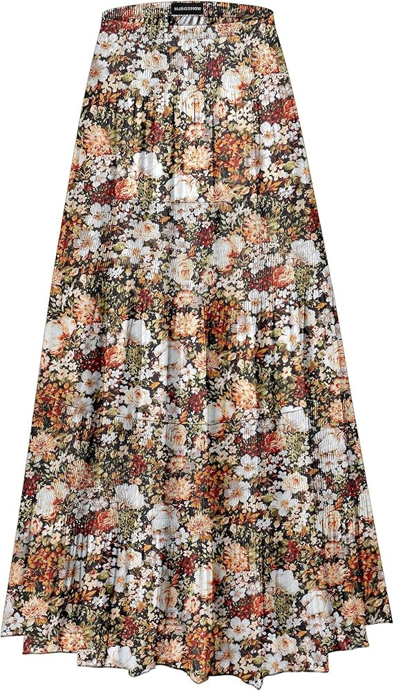 Womens Chiffon Long Skirt Elastic High Waist Floral Maxi Skirts Tiered Pleated A Line Boho Flowy ... | Amazon (US)