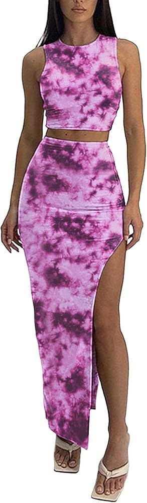 ELLEVEN Sexy 2 Piece Maxi Skirt Sets for Women - Knit Bodycon Crop Tank Top and High Slit Skirt D... | Amazon (US)