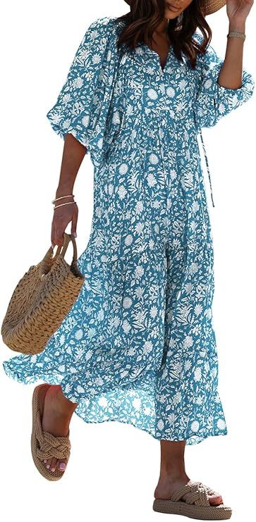 miduo Womens Loose Fit Casual Summer V Neck Half Sleeve Bohemian Geometric Pattern Maxi Long Dres... | Amazon (US)