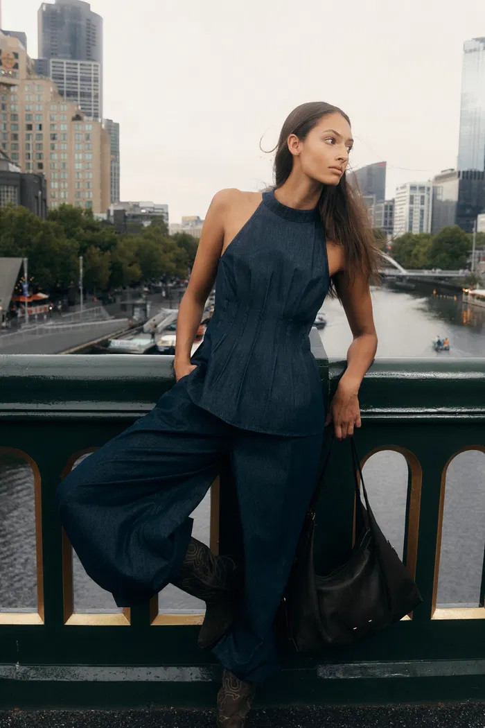 Brooke Handwork Pleats Halter Neck Top and Jeans Set in Acetate Tencel | Fabrique