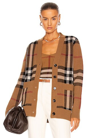 Burberry Willah Check Cardigan in Birch Brown | FWRD | FWRD 