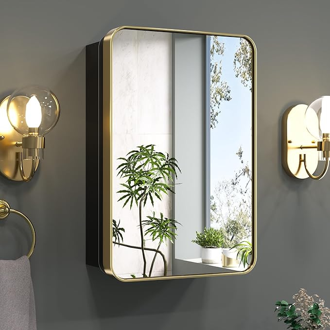 Keonjinn Gold Bathroom Medicine Cabinet with Mirror 16 x 24 Inch, Small Brushed Brass Medicine Ca... | Amazon (US)