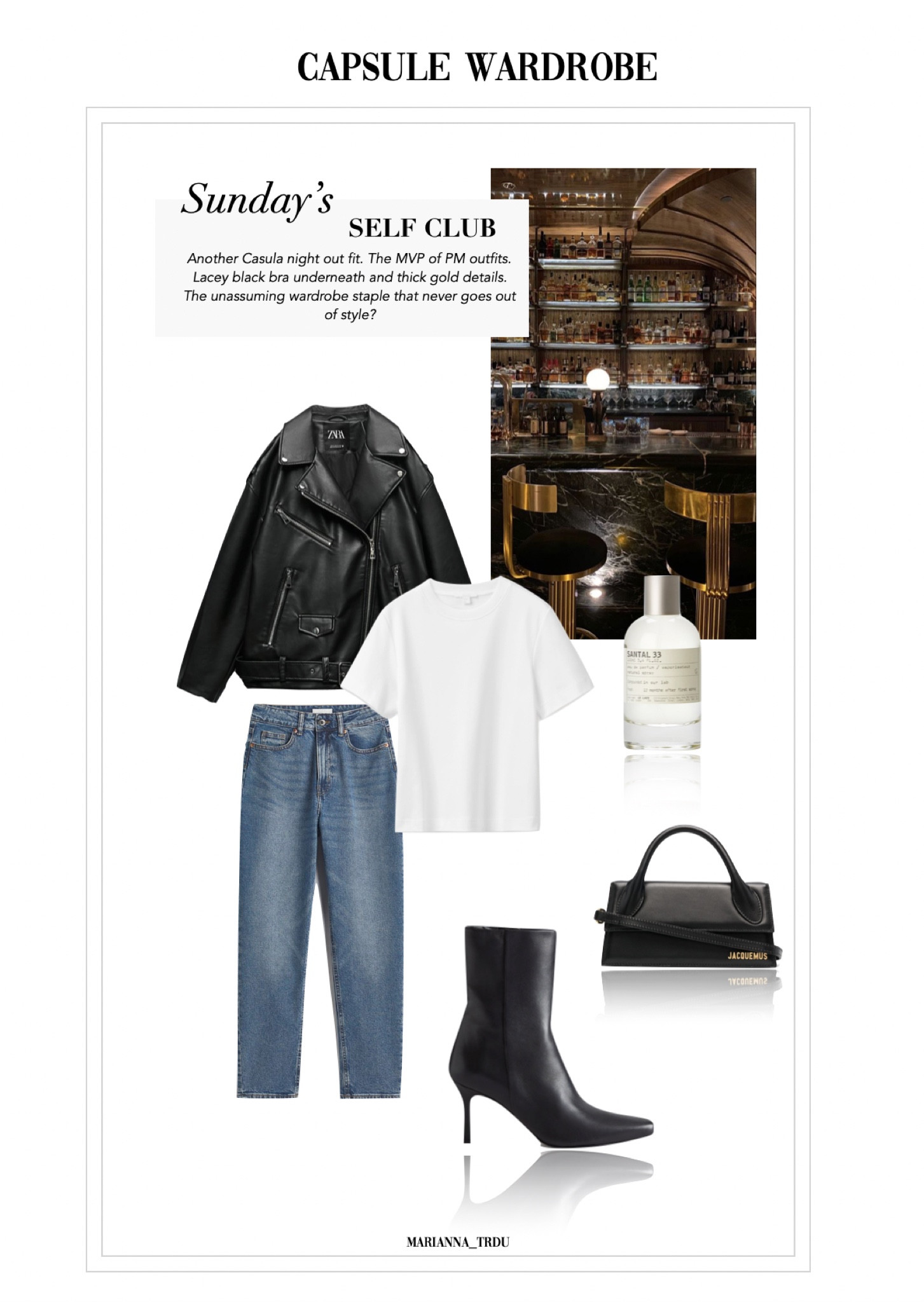 Casual night out 
Black leather biker jacket
Denim straight jeans 
High heel boots 
Le labo - Another 13 
Jacquemus Long chiquito 

#LTKSeasonal #LTKstyletip #LTKeurope