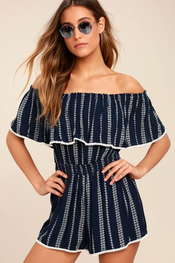 See Ya There Navy Blue Print Off-the-Shoulder Romper | Lulus (US)