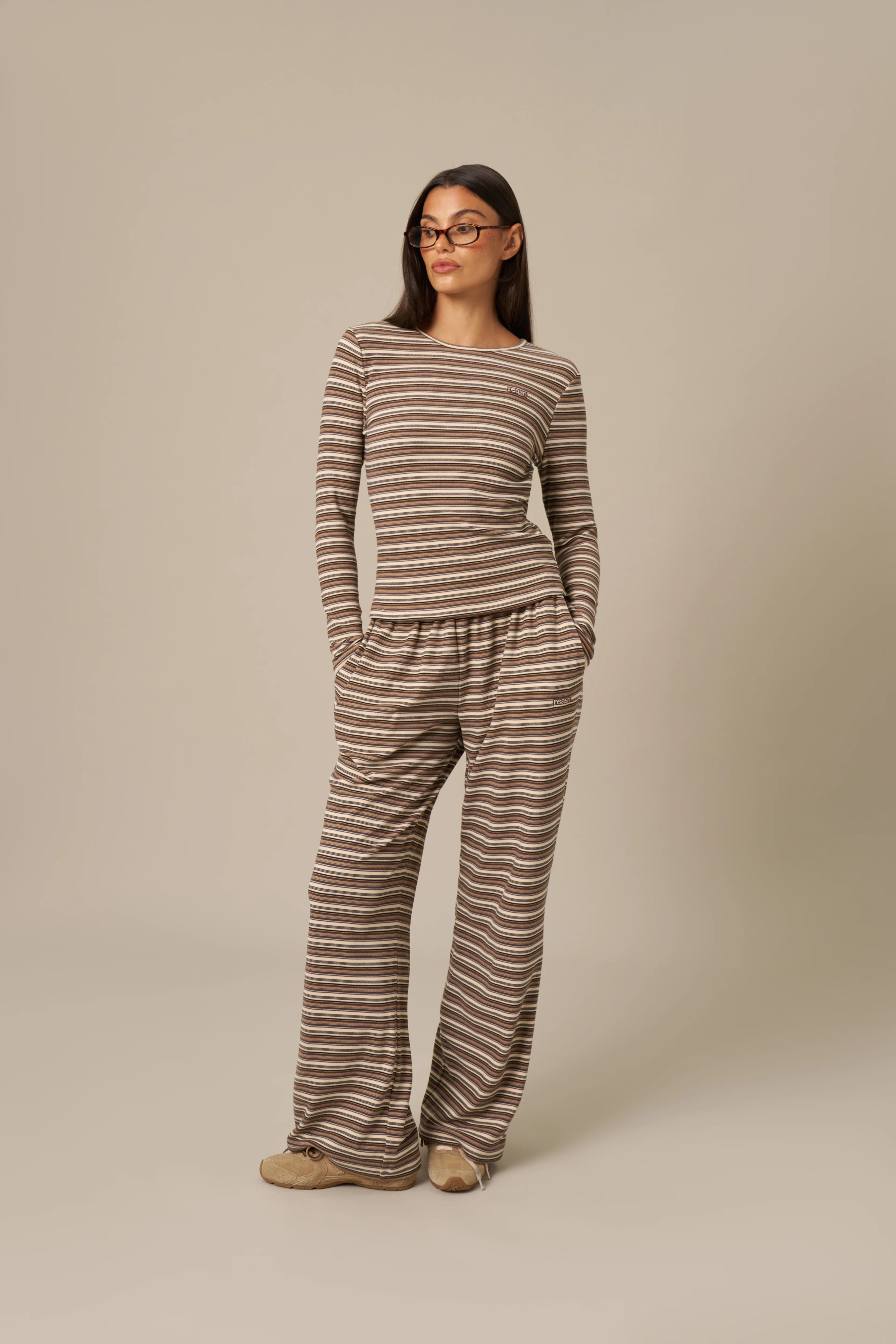Fleece Stripe High Waist Wide Leg Trousers - Latte | Reasn