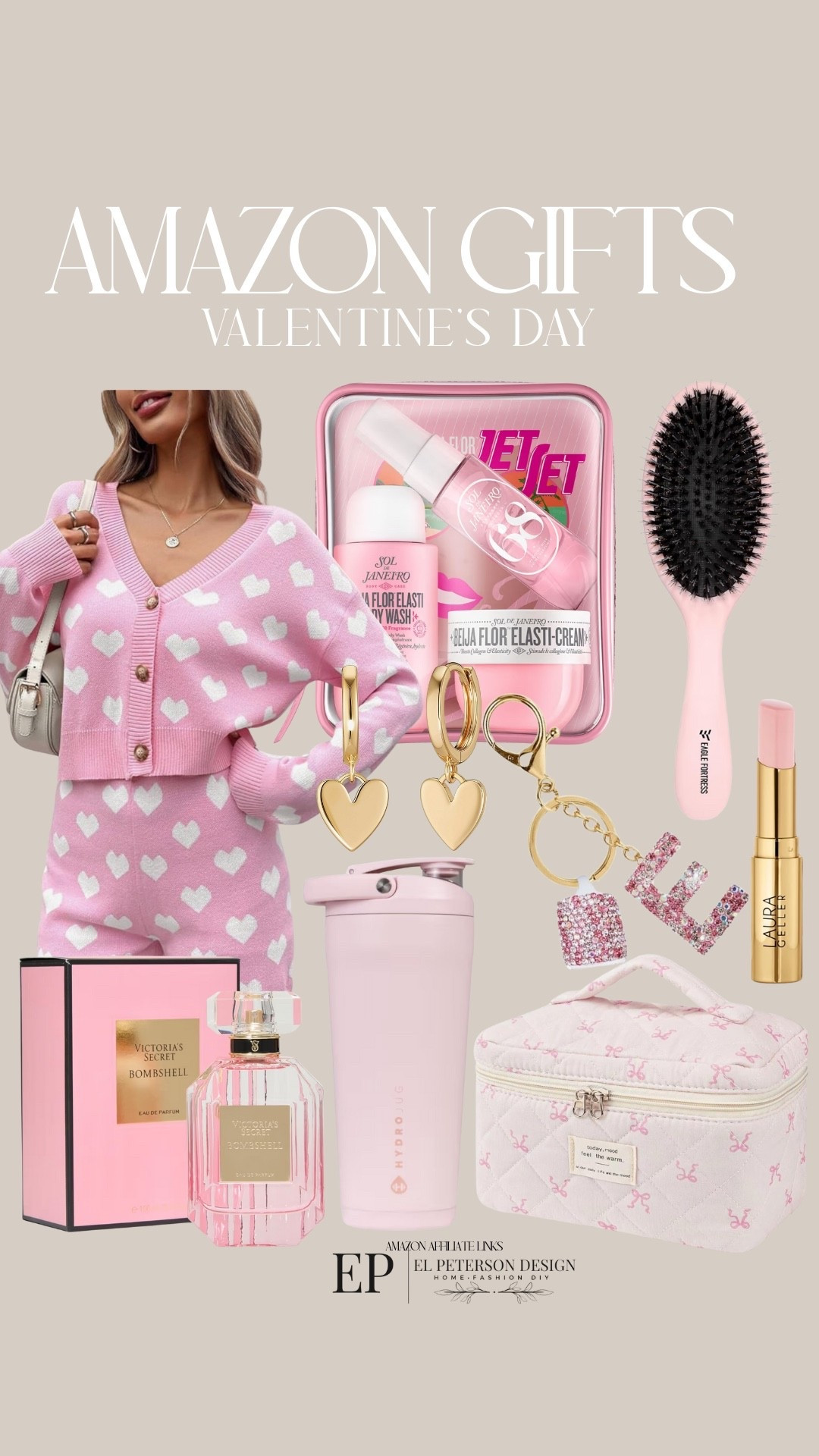 Amazon 
Valentines Day Gifts
Lounge set
Brush
Keychain 
Perfume
Tumbler
Makeup purse
Lipstick
Earrings 